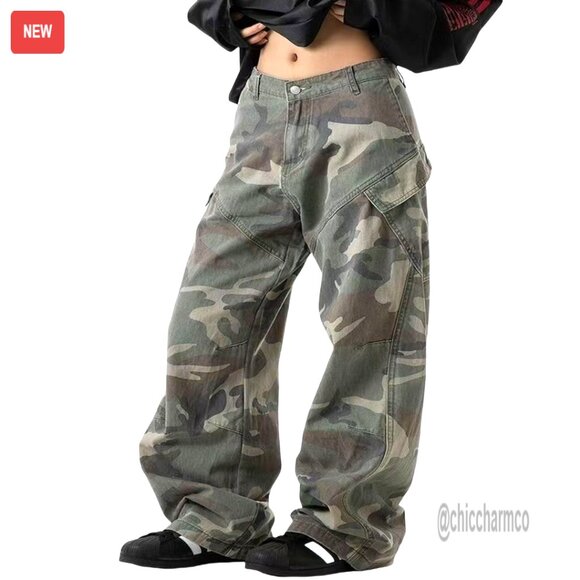 Men's Baggy Camo Cargo Joggers Low Rise Wide Leg Streetwear Pants